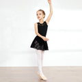 Girls short-sleeve ballet practice dress in Lycra cotton with lace and mesh trim, princess style, available in black