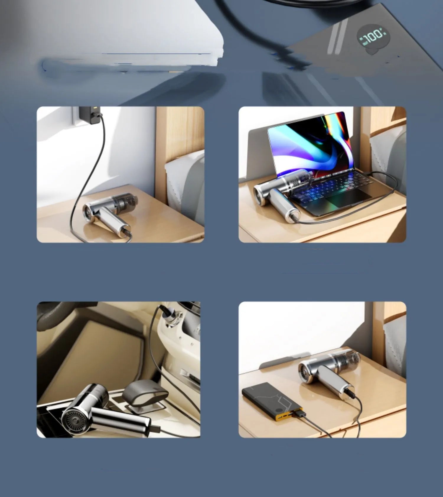 XY-2317 handheld cordless car vacuum cleaner with brush and nozzle attachments on a car seat.