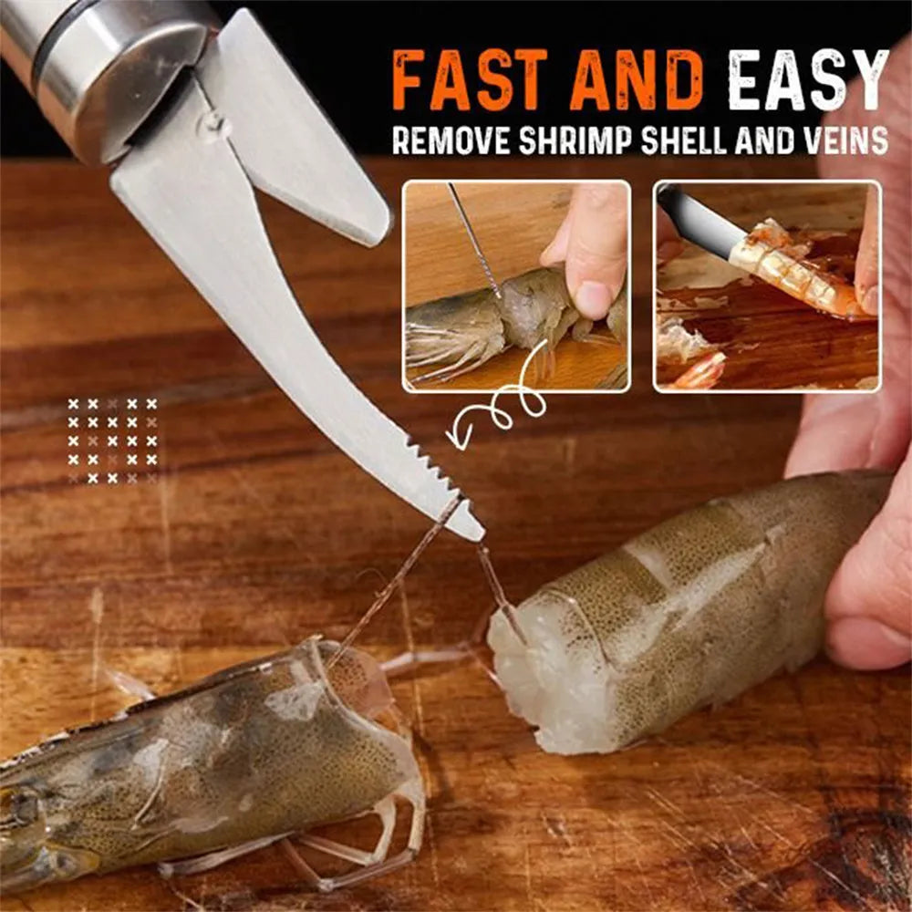 Multifunctional stainless steel shrimp remover with eagle-beak design and double row of blades on a clean surface