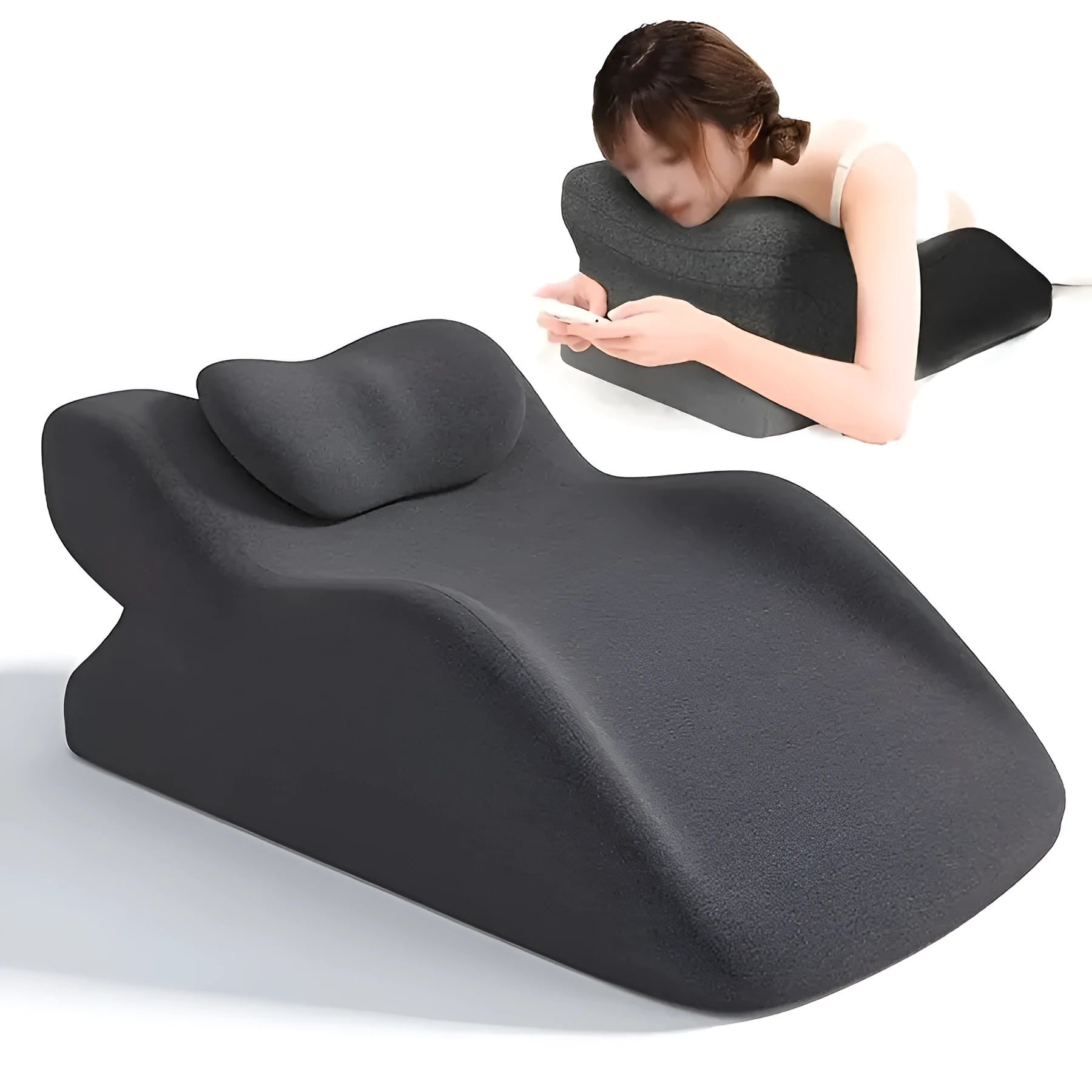 Stomach sleeper pillow for prone positioning shown in blue, dark grey, green, and light grey colour options.
