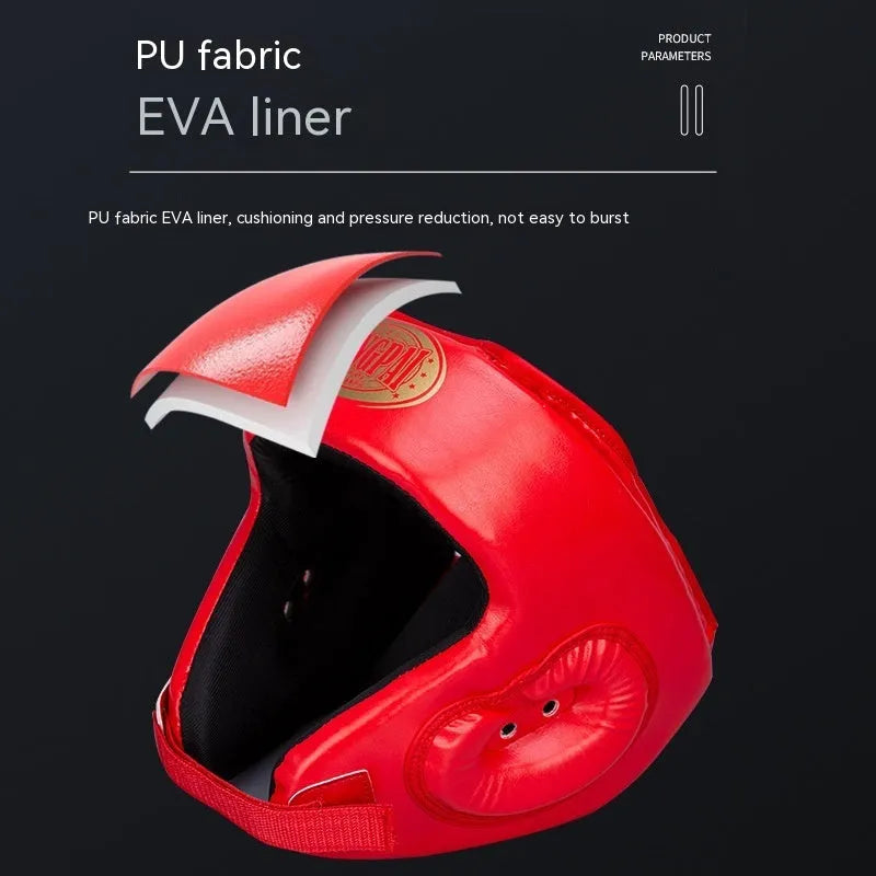 Fully enclosed PU boxing helmet with jaw protection in black, front view