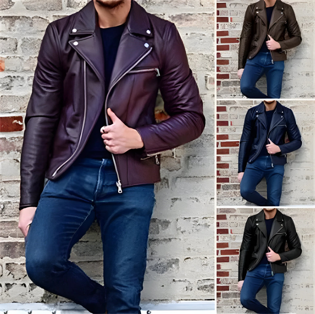 Men's denim look leather jacket in black, polyester blend, front view, sizes S to 3XL