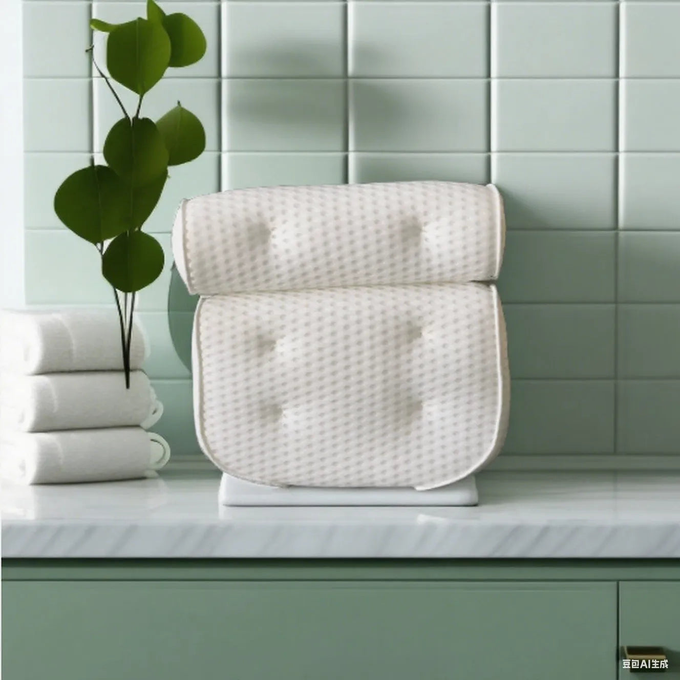White bathtub pillow with 4D mesh fabric and seven large suction cups on a flat surface.