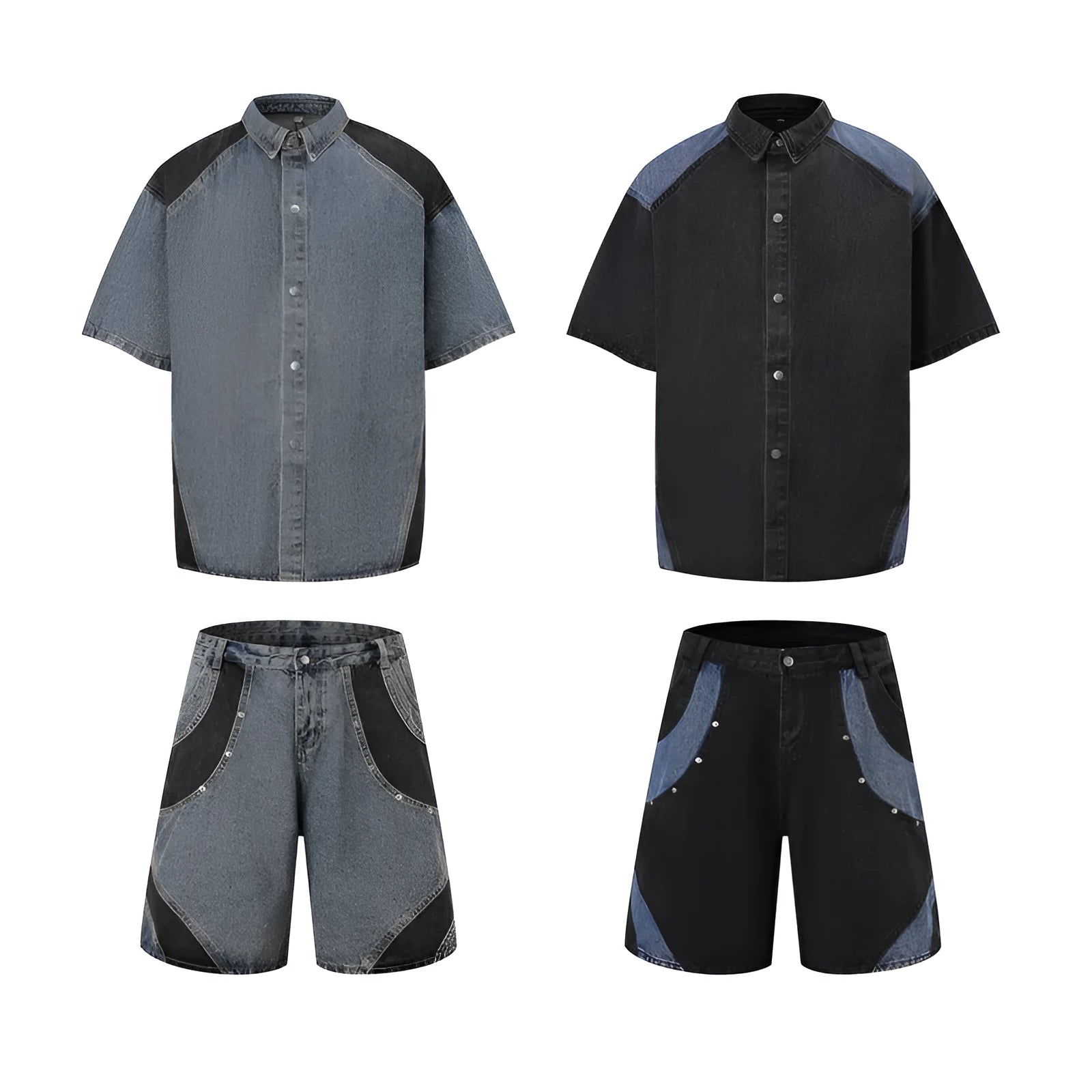 Retro washed denim short-sleeve jacket and trouser suit in black or blue set
