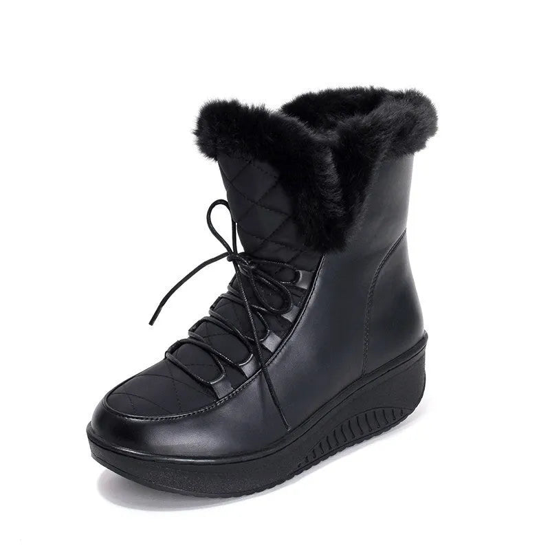 Women's black winter boots with 3cm platform heel and lace-up closure