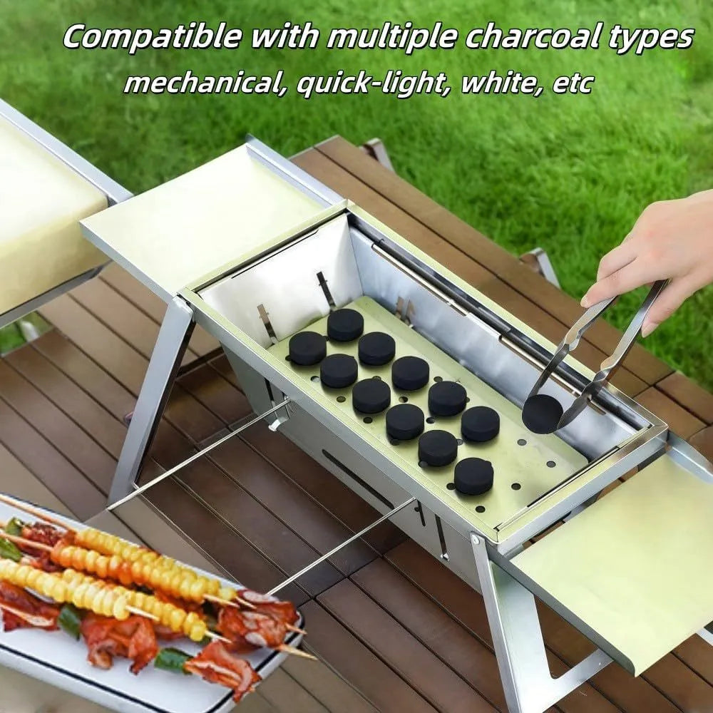 Small foldable portable charcoal grill showing compact folded design for outdoor cooking