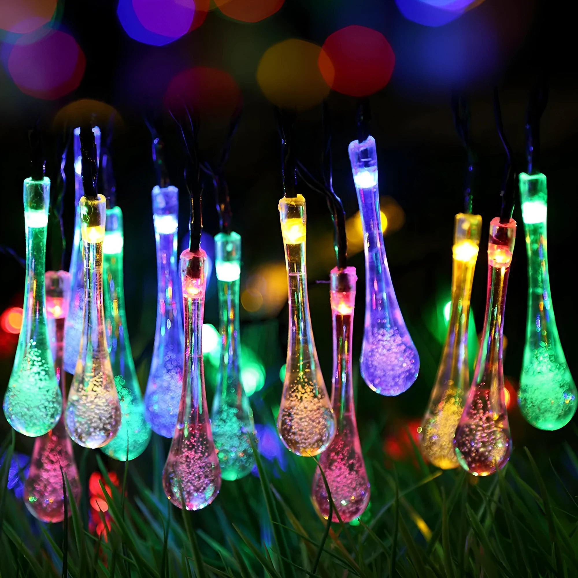 Solar-powered LED string lights with bubble drop pendants on 6.5 metre cable for outdoor garden decoration