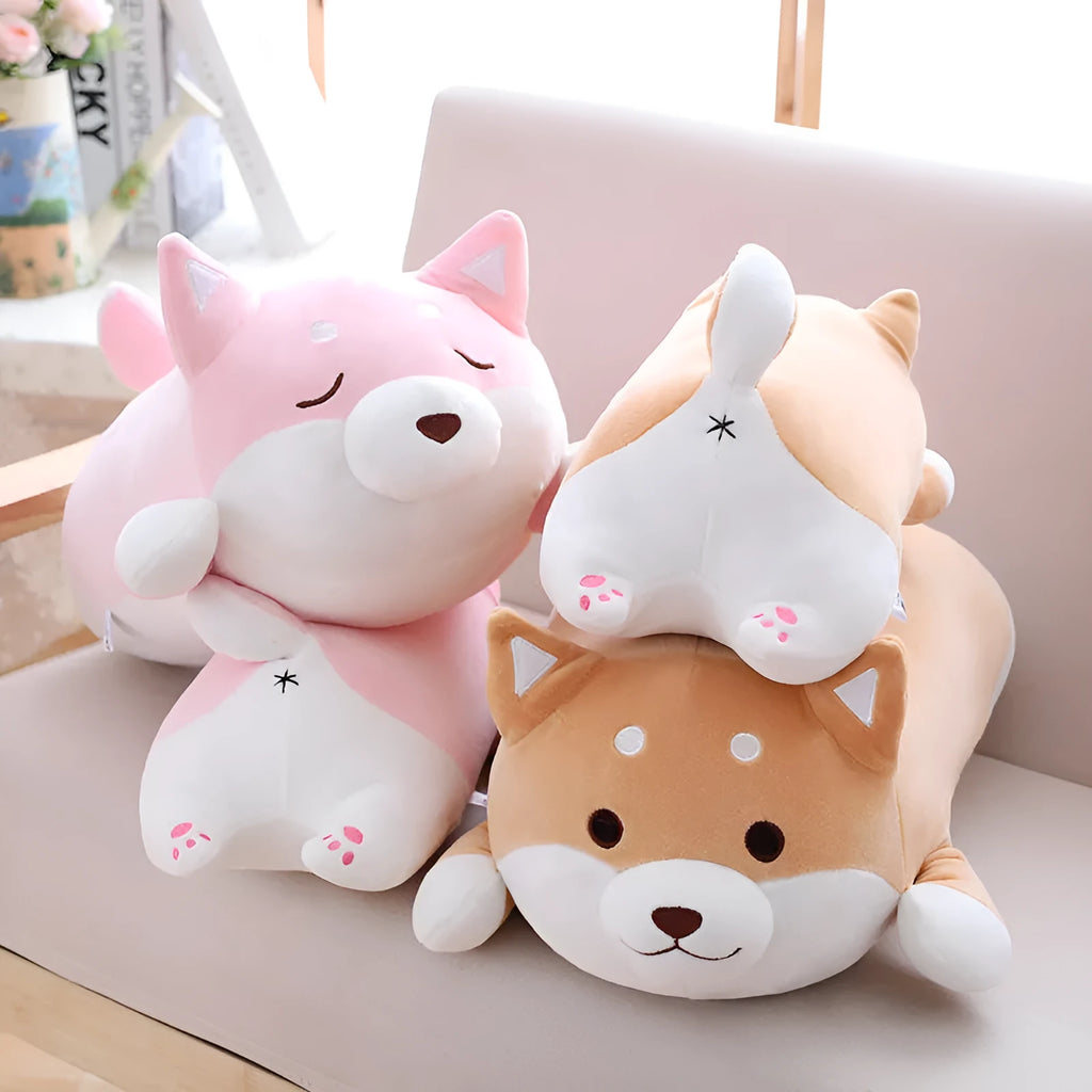 Cute fat Shiba Inu dog plush toy in brown on a white background, soft stuffed animal with cartoon face