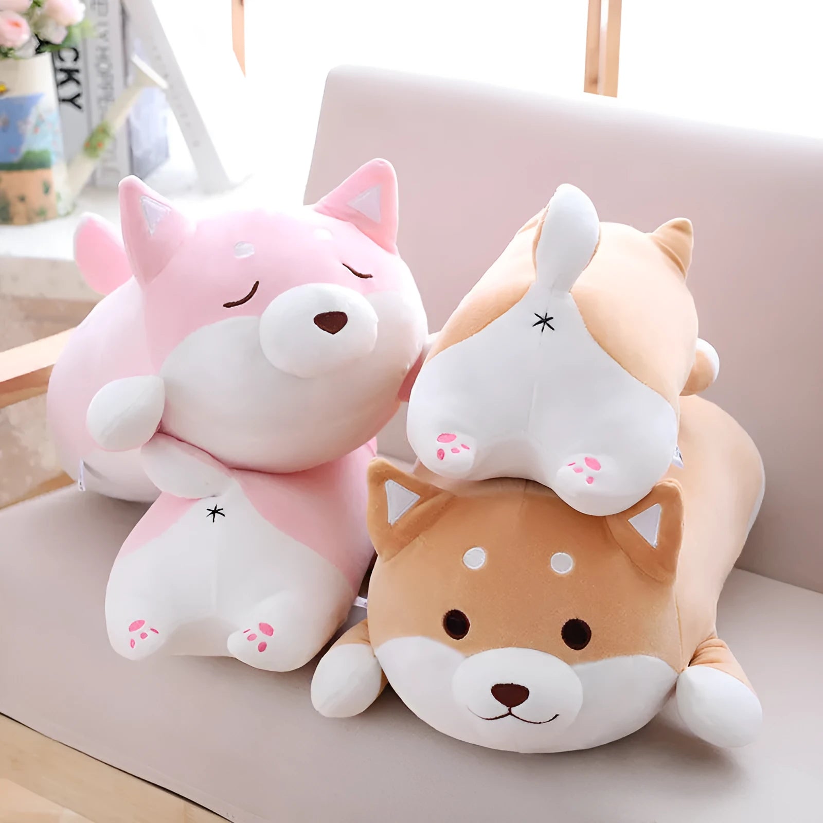 Cute fat Shiba Inu dog plush toy in brown on a white background, soft stuffed animal with cartoon face
