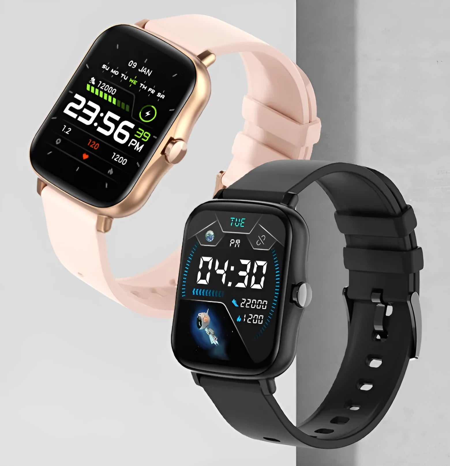 Black smart watch with 1.7-inch colour touch screen and silicone strap on a wrist.