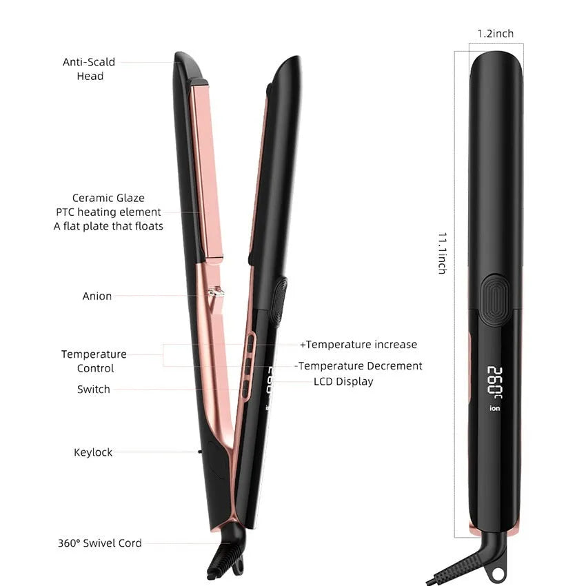 Hair straightener with temperature display showing 207℃ on ceramic anion plates