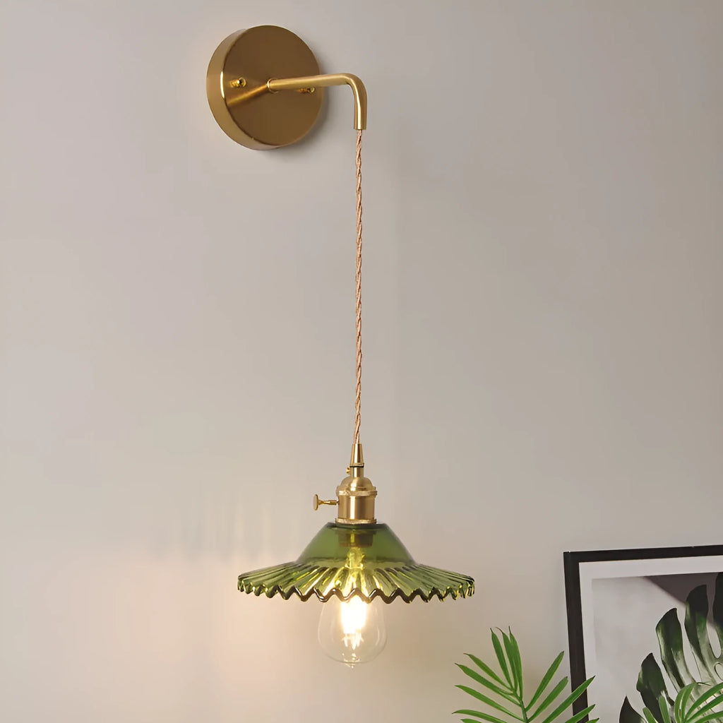 Retro brass lotus wall lamp with glass shade in multiple colour options