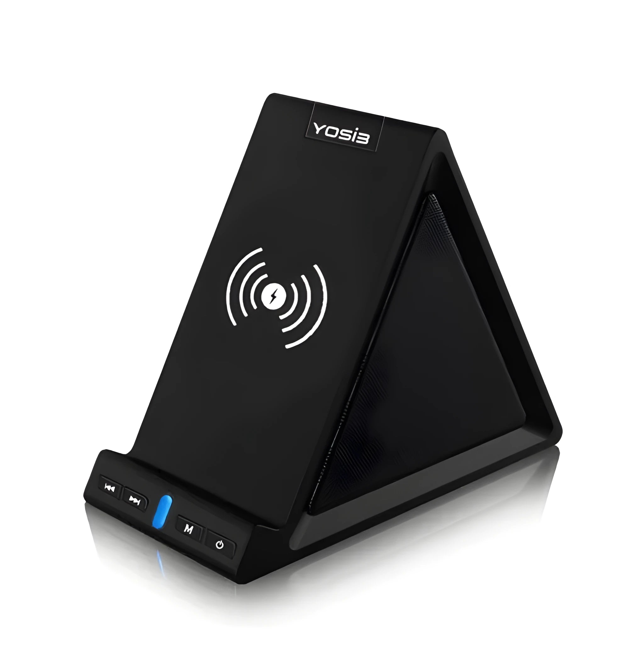 Black multifunctional Bluetooth speaker with integrated wireless charging base and phone stand.