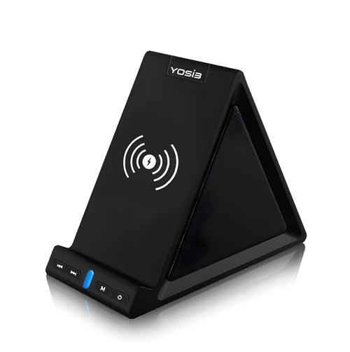 Black multifunctional Bluetooth speaker with integrated wireless charging base and phone stand.