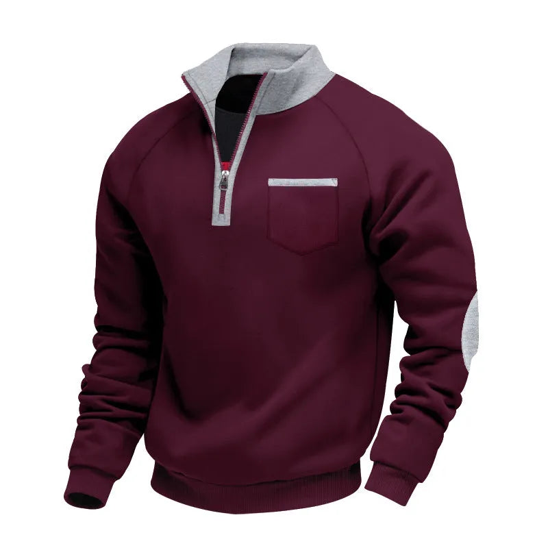 Men's fleece-lined zip-up stand collar patchwork sweatshirt in dark gray, front view, casual long-sleeve top