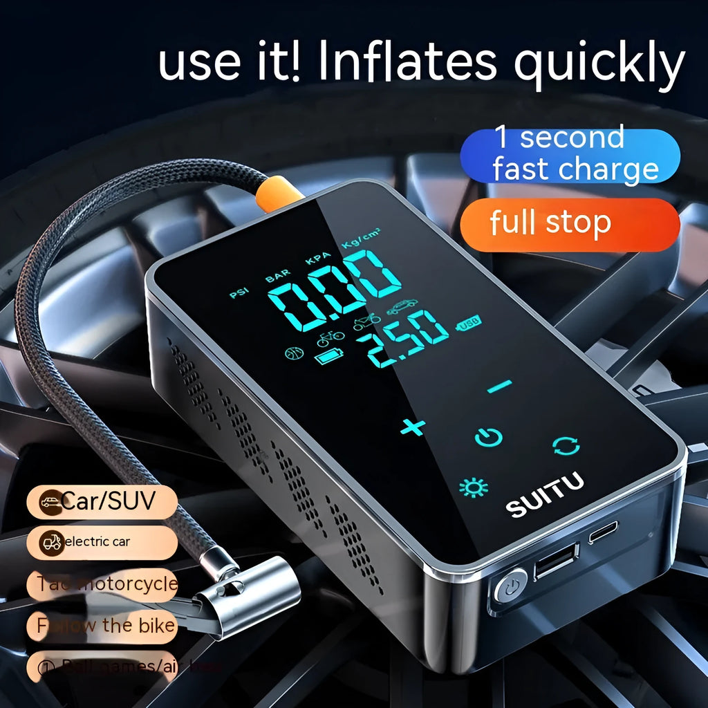 Wireless car tyre inflator with digital LCD screen showing pressure reading