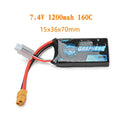7.4V 1200mAh lithium battery for RC model cars and boats with compact 15x36x70mm dimensions