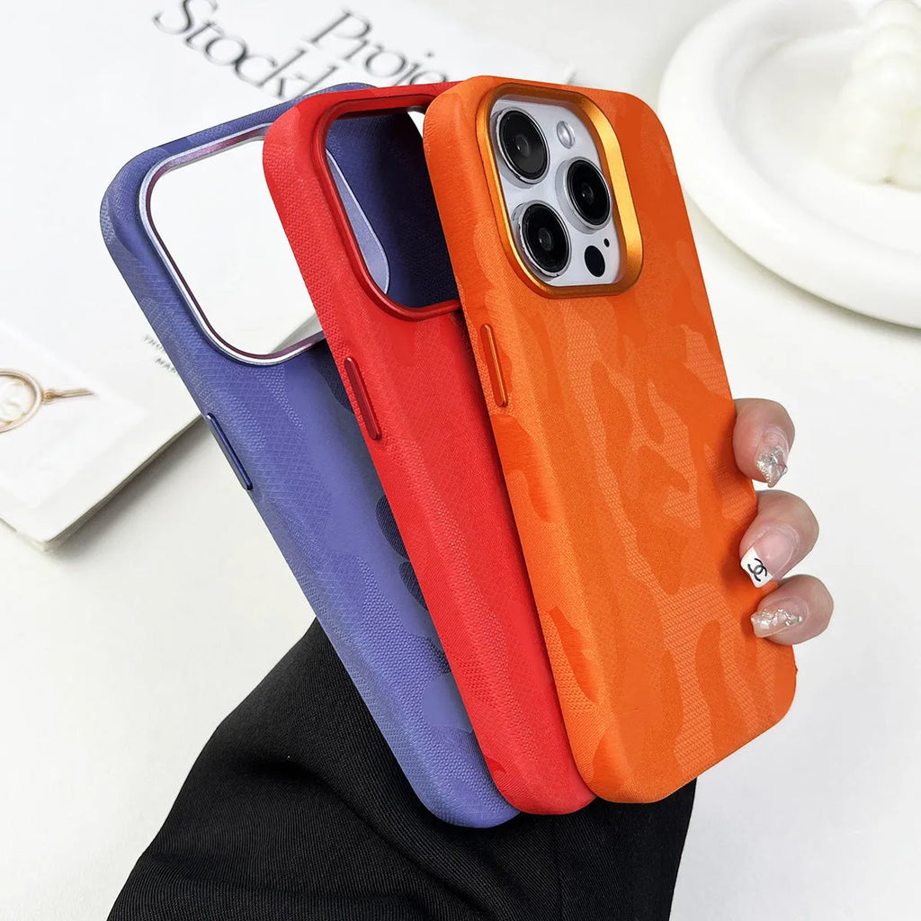 Imitation leather magnetic phone case for iPhone with anti-fingerprint surface in Emma Orange colour
