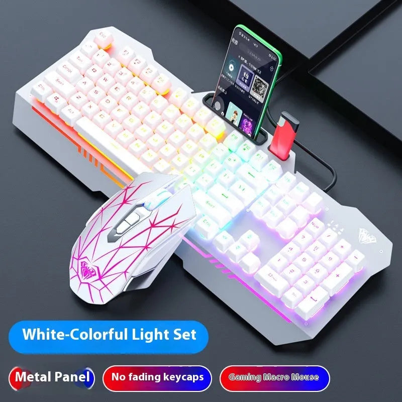 Black and white wired mechanical-feeling keyboard mouse headset bundles with RGB or blue backlighting