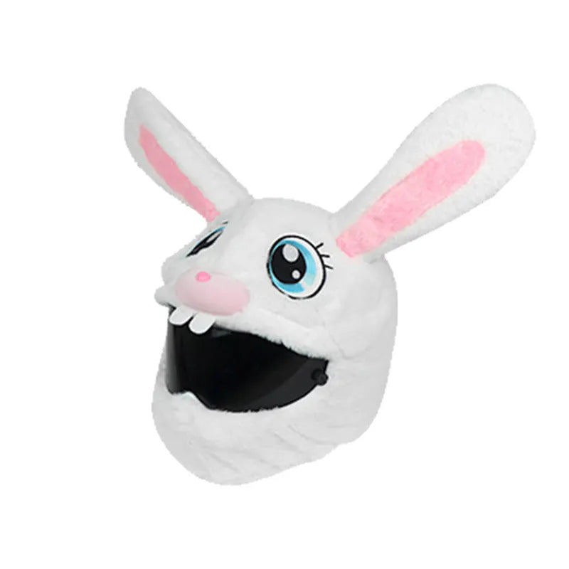 White plush rabbit head decorative cover on a motorcycle helmet for electric scooter commuting