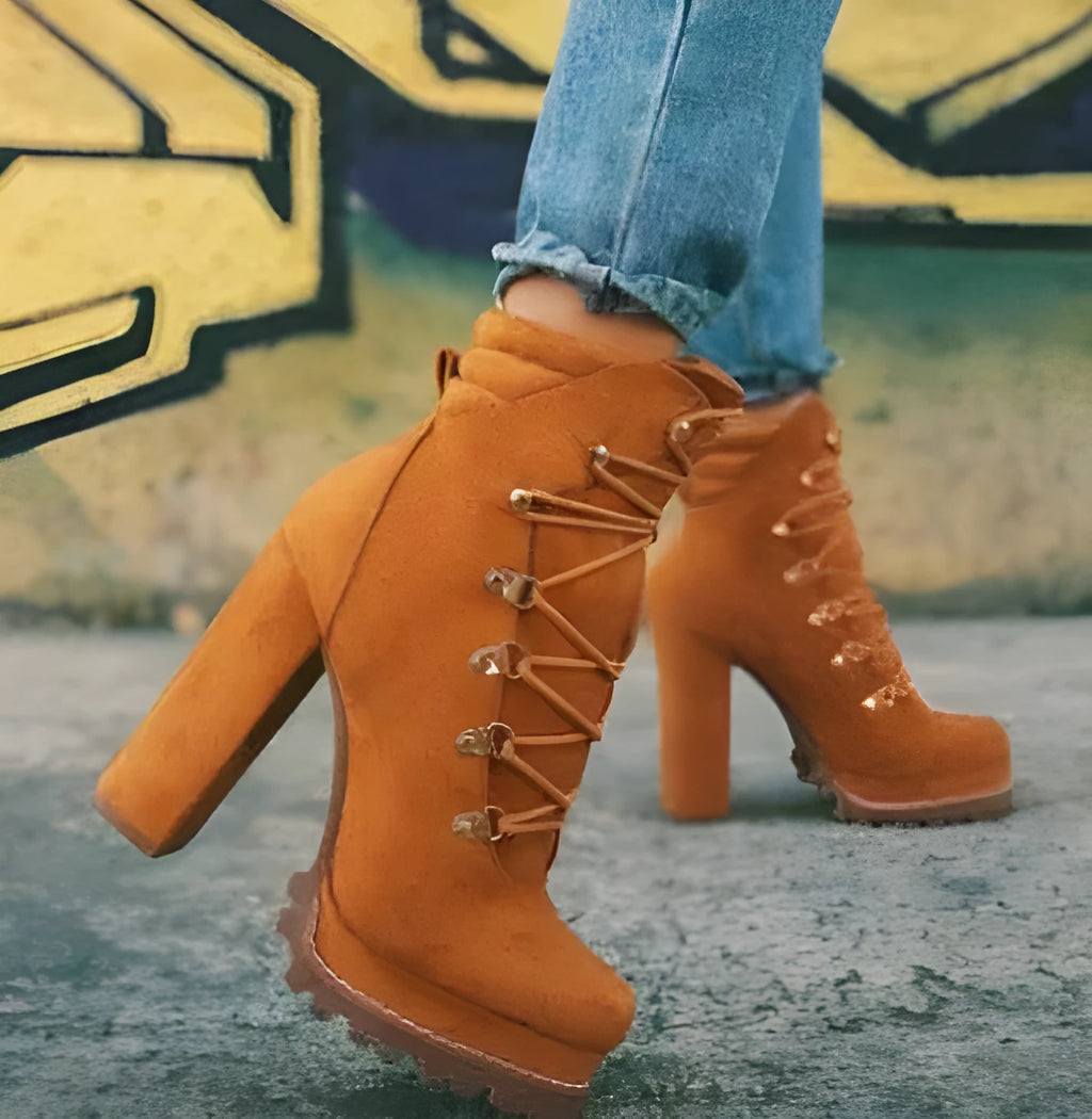 Women's suede high heel boots in army green with round toe and thick 8cm heel