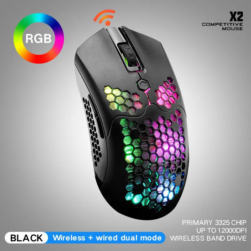 Free Wolf X2 wireless gaming mouse with honeycomb shell in multiple colours on a desk.