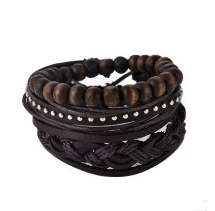 Hand-woven leather bracelet with wooden beads and adjustable closure in punk style