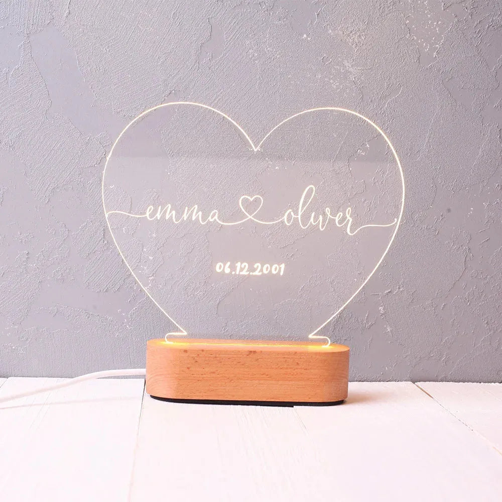 Custom transparent acrylic night light with names and dates, 20cm by 11.5cm modern art bedside lamp