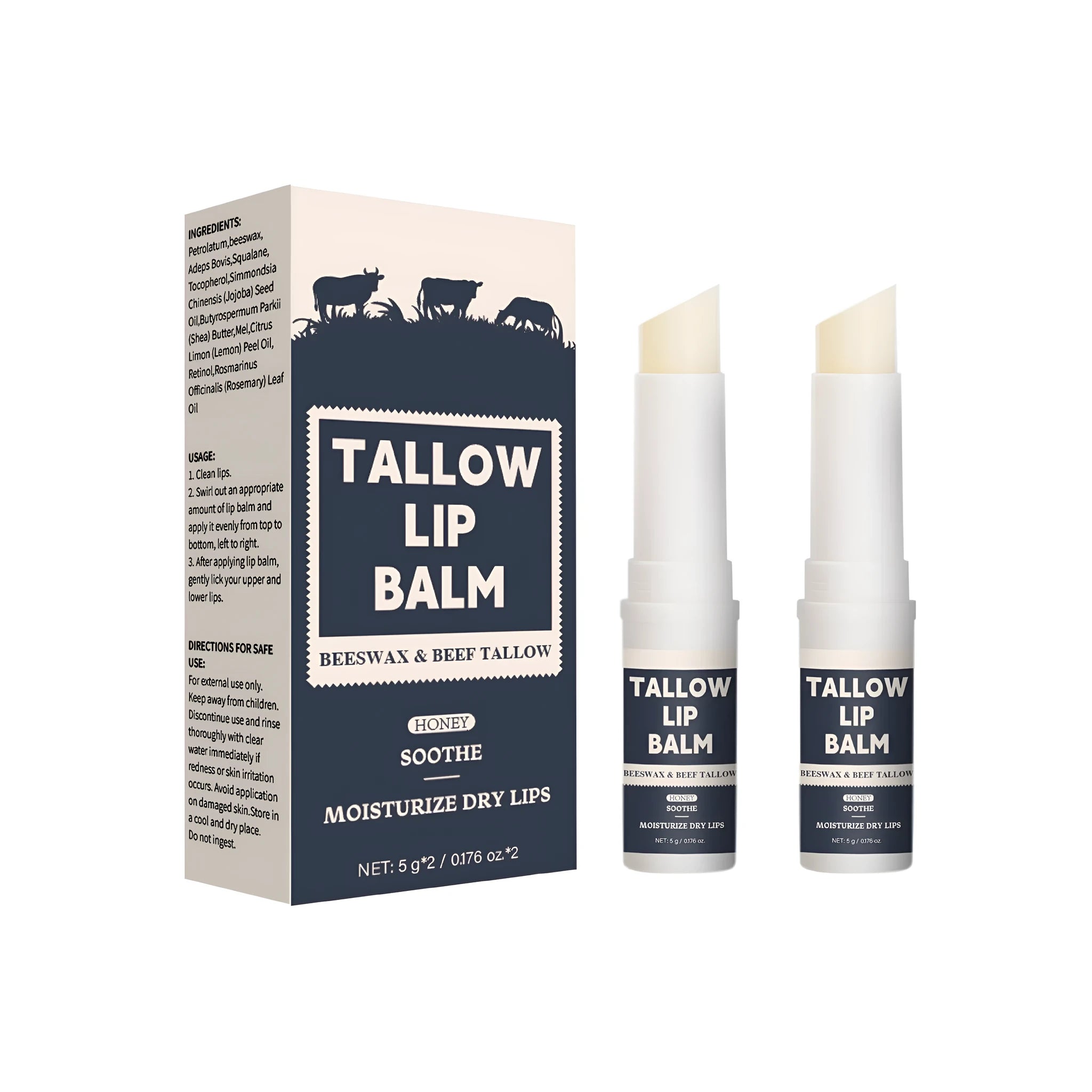 Two full-size beef tallow lip balm sticks with light grain texture, packaged together.