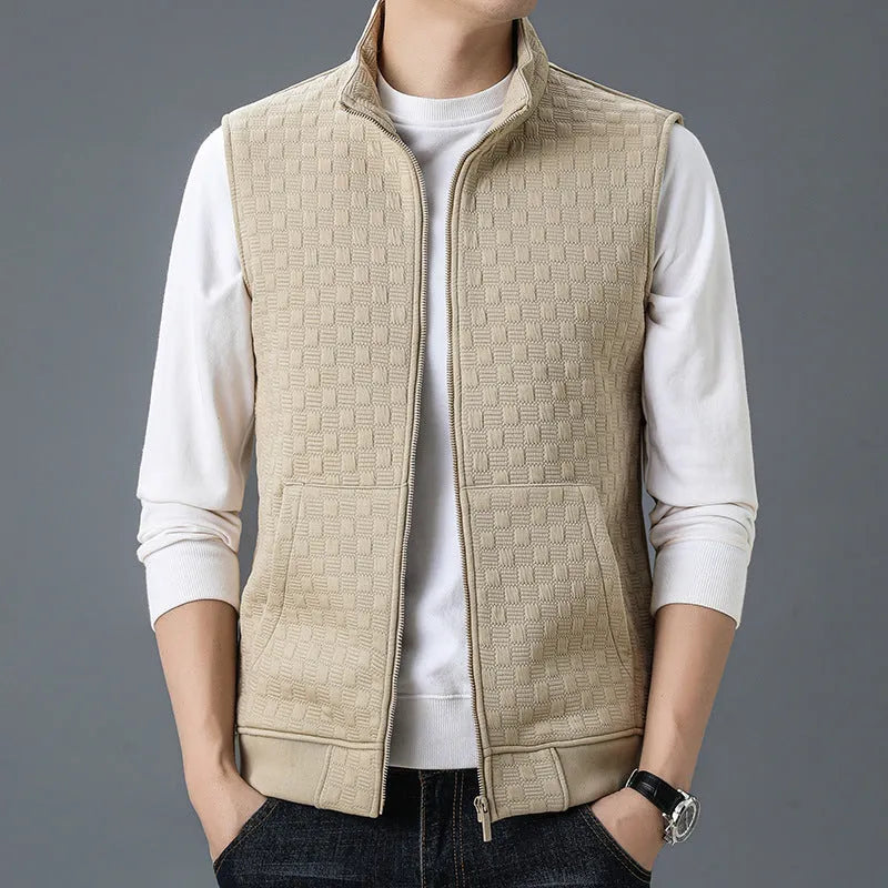 A man's casual sleeveless vest waistcoat in a polyester blend fabric, shown in grey.