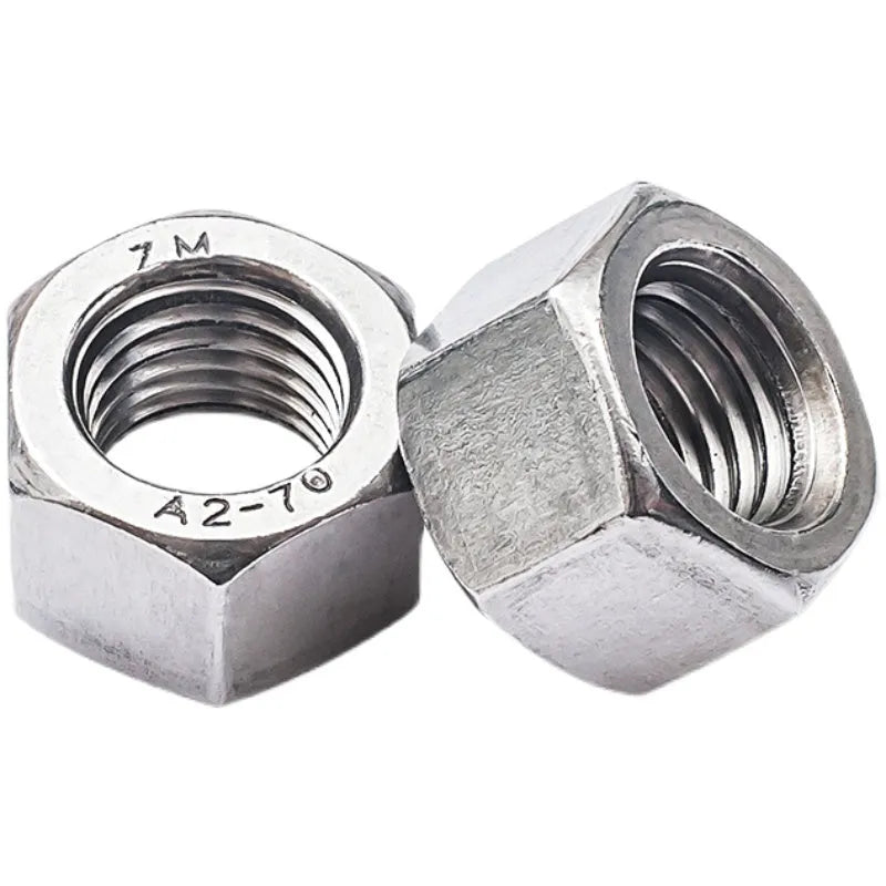 304 stainless steel thickened hex nut assortment from M6 to M56 metric sizes on grey background