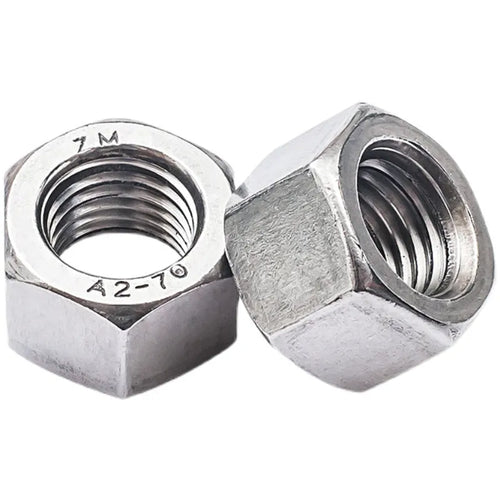 304 stainless steel thickened hex nut assortment from M6 to M56 metric sizes on grey background