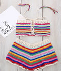 Women's red colour striped handmade bikini swimsuit on display, front view, showing wire-free design and cotton lining