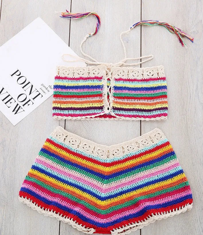 Women's red colour striped handmade bikini swimsuit on display, front view, showing wire-free design and cotton lining