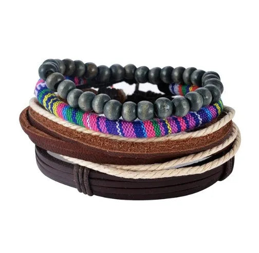 Hand-woven leather bracelet with wooden beads and adjustable closure in punk style
