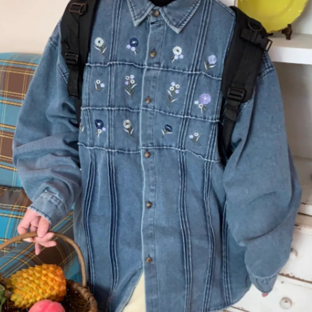 Vintage washed denim shirt with small floral pleats in washed blue colour