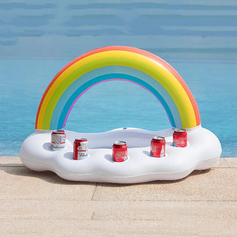 Rainbow cloud shaped inflatable pool float cooler with four cup holders floating on water
