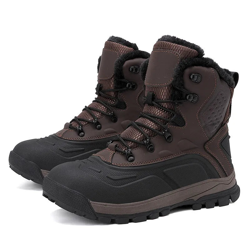 Men's black fleece-lined high-top boots with velvet interior and lace-up front closure