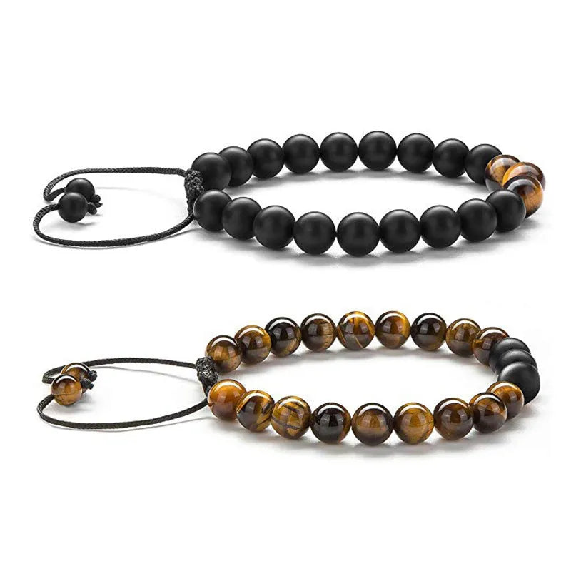 Tiger Eye agate couple bracelets with geometric beads in matte black finish