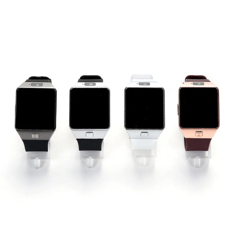 Smart watch with touch screen showing time display, worn on wrist with adjustable strap, for Bluetooth calling.