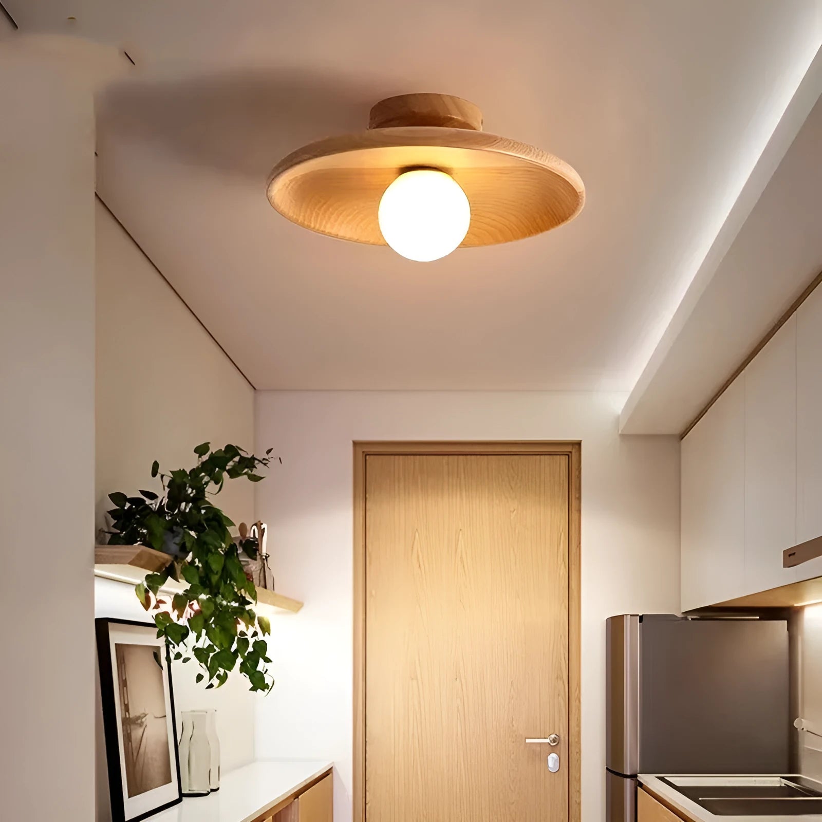 Japanese-style solid wood ceiling lamp in walnut finish with circular shade, 28cm diameter, mounted on ceiling