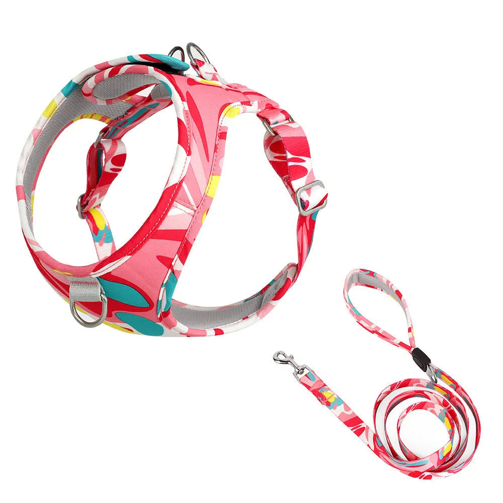 Printed breathable polyester pet harness suit in blue and white camouflage with traction rope, side view on dog