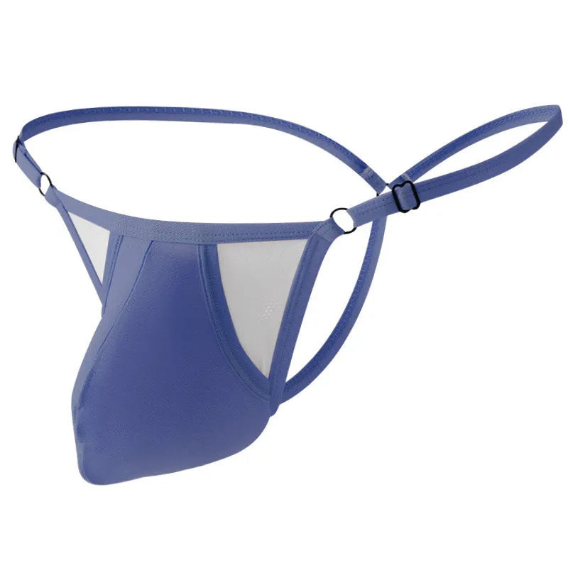 Men's T-back ice silk underwear with adjustable thin straps in geometric pattern colours
