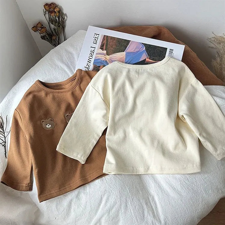 Babies' cotton long-sleeved T-shirt bottoming shirt for girls, apricot colour, autumn cartoon top