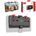 Black mobile phone gaming trigger bracket with adjustable sliding metal trigger and telescopic phone clip