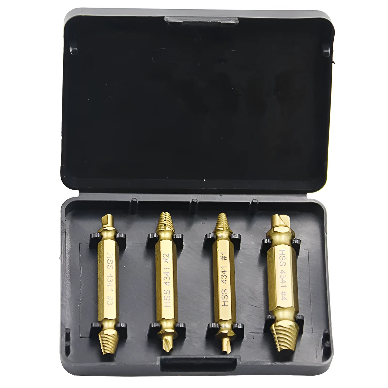 4341 high-speed steel screw extractor set for removing damaged screws and metal fasteners