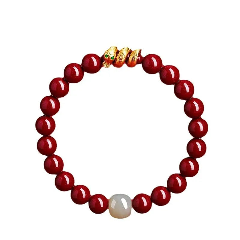 Handmade Chinese snake year cinnabar bracelet with snake beads in traditional zodiac design