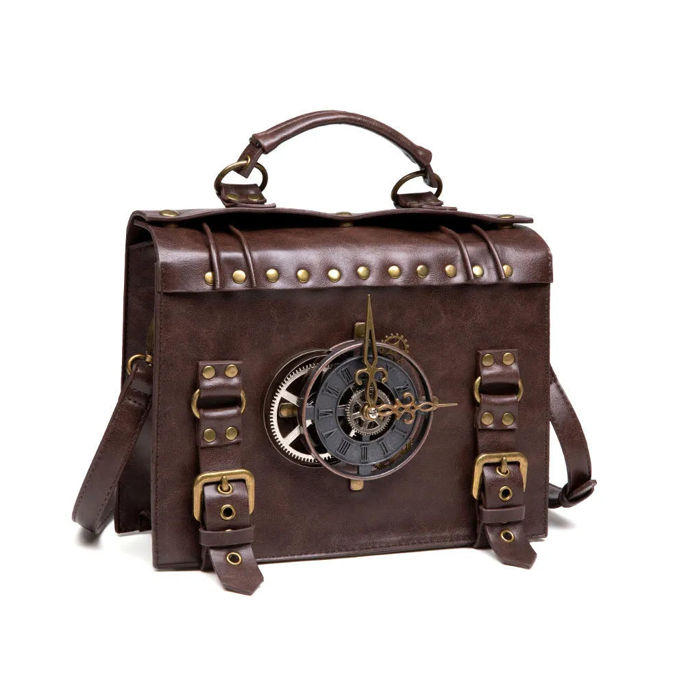 Bronze steampunk industrial retro style shoulder bag with metal hardware and square pillow design