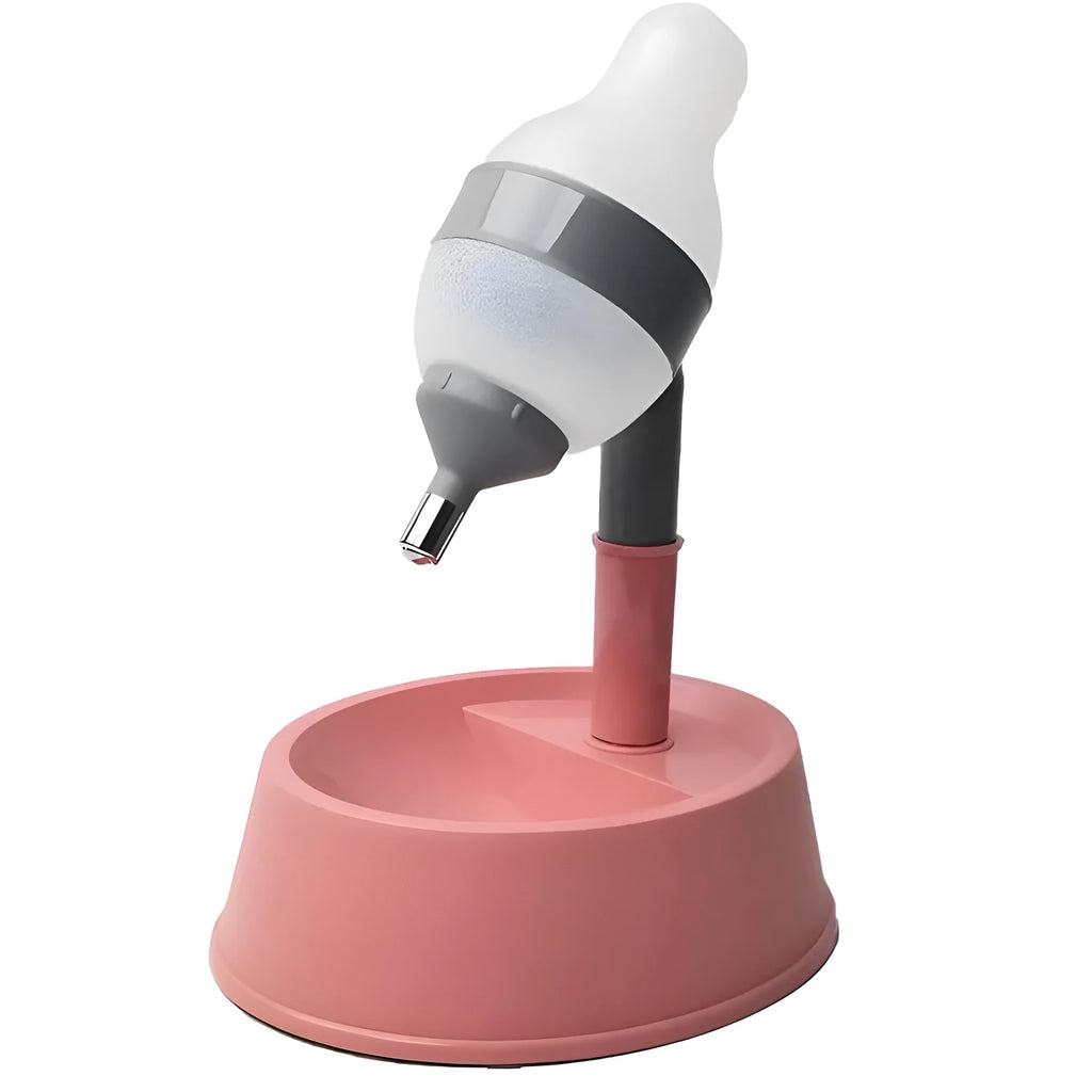 Adjustable height pet water dispenser in green, grey, or pink with detachable pole and steel drinking nozzle