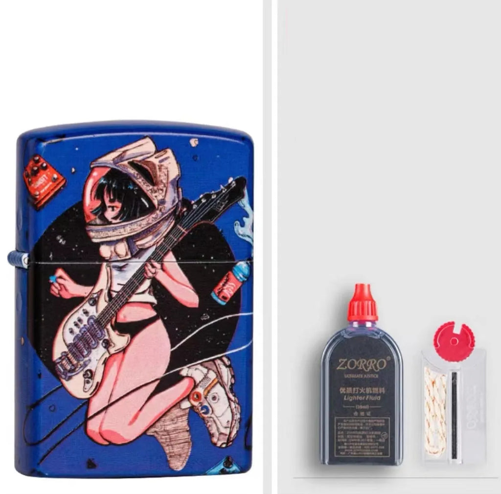 Windproof kerosene lighter with artistic design, steel and copper construction, 58x39x13mm dimensions